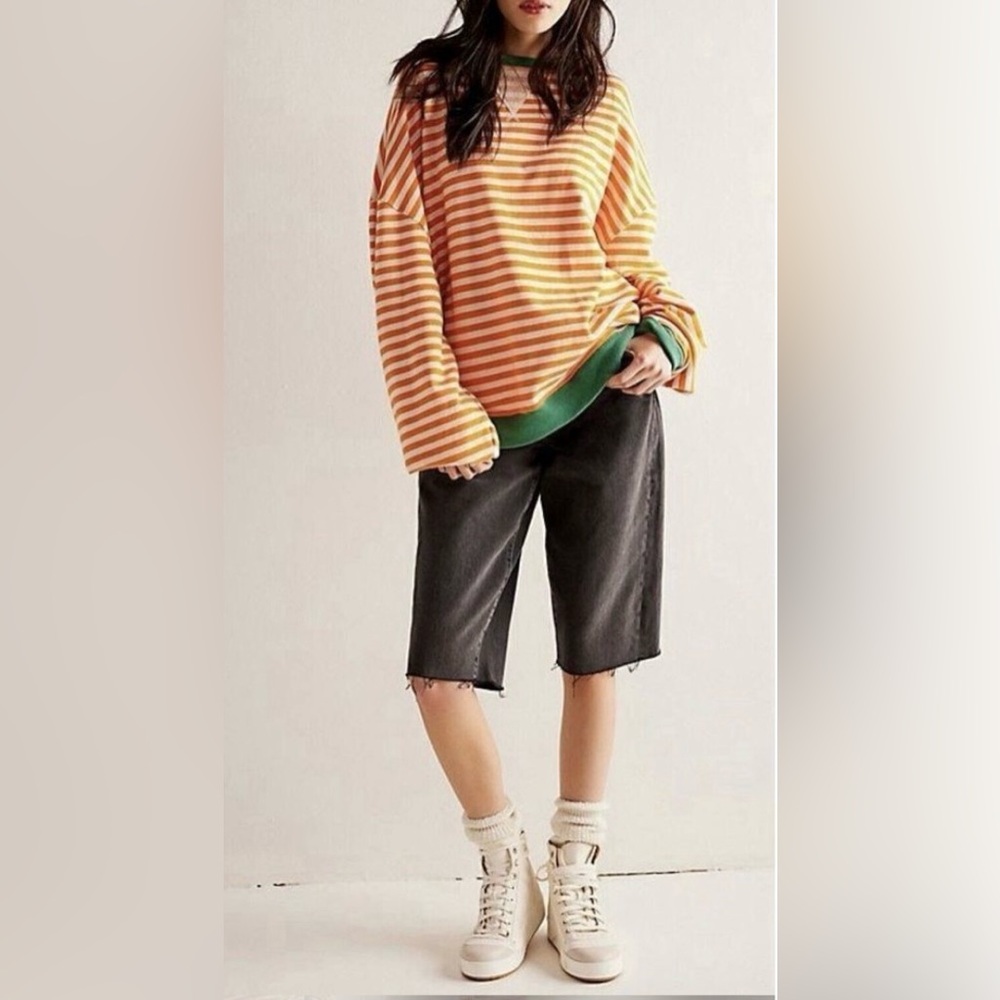 New Free People Classic Striped Oversized Crewneck Top, Orange Clover Comb…